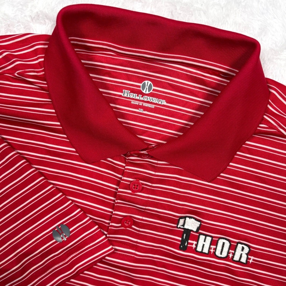 Thor Hammer Marvel Polo Shirt Mens XL Red White Striped Performance Golf Wicking